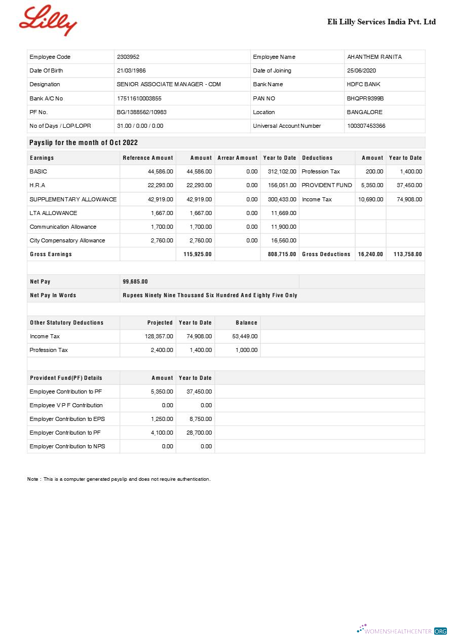 Eli Lilly Services India pharmaceutical company payslip template in Word and PDF formats.pdf, 1